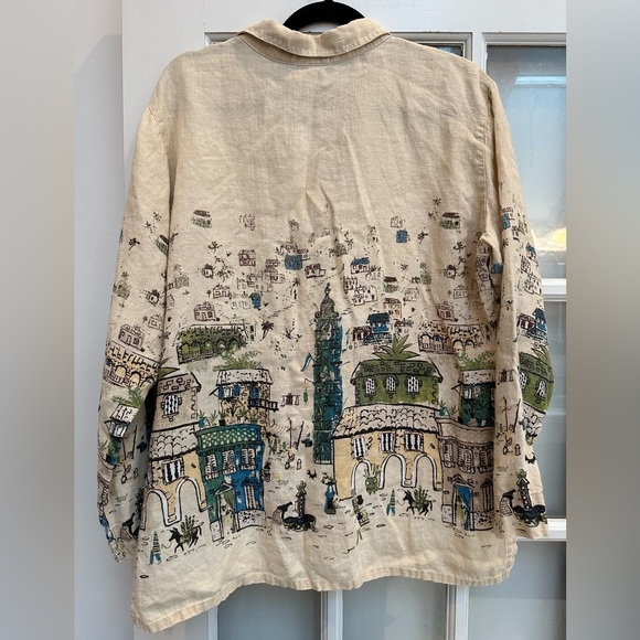 Chico's Art To Wear 100% Linen Pueblo South American Landscape Blouse Size Large - Picture 13 of 14